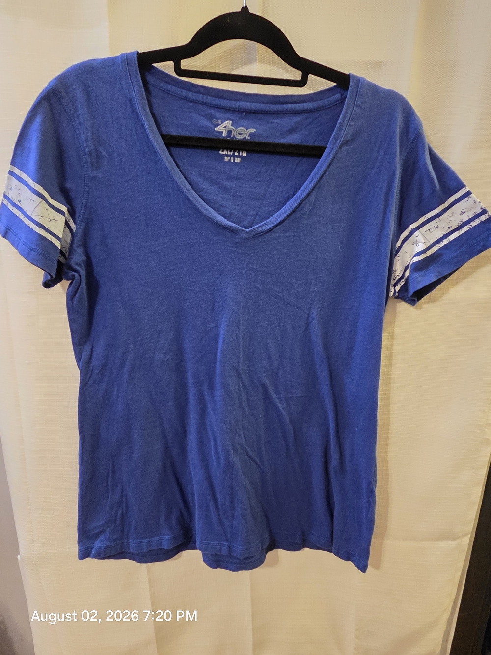 Vintage-Inspired Royal Blue V-Neck Short Sleeve Tee with White Sleeve Stripes